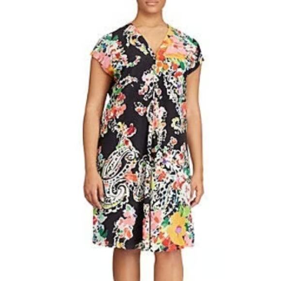 LAUREN Ralph Lauren Dark Floral Print Swingy Shift Dress Size 14 Cap Sleeve - Picture 3 of 11